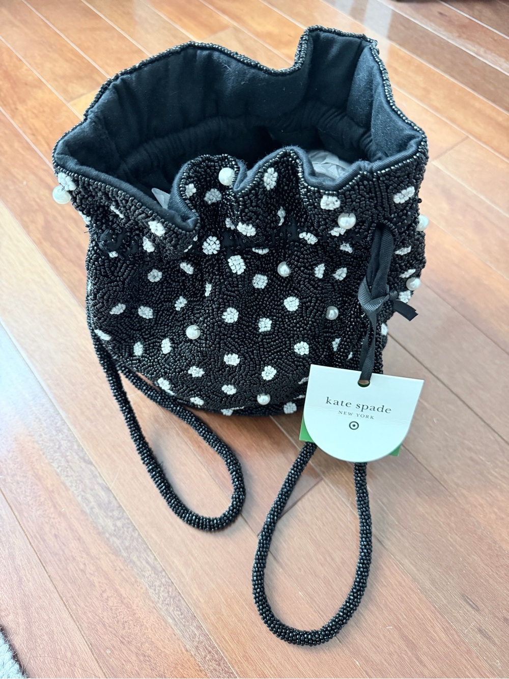 kate spade black beaded mini bucket bag with white bead accents